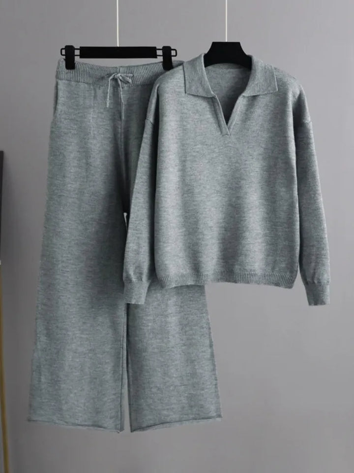 Mirla | 2 stycken set damer oversized träningsdräkt polo krage tröja och byxor-Eva Jonsson