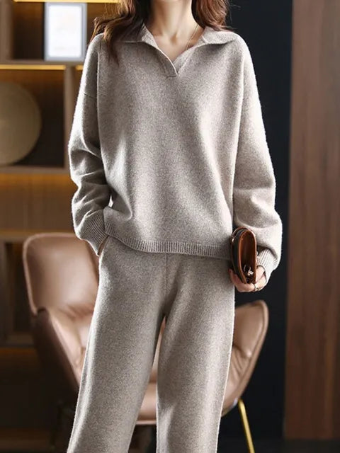 Mirla | 2 stycken set damer oversized träningsdräkt polo krage tröja och byxor-Eva Jonsson