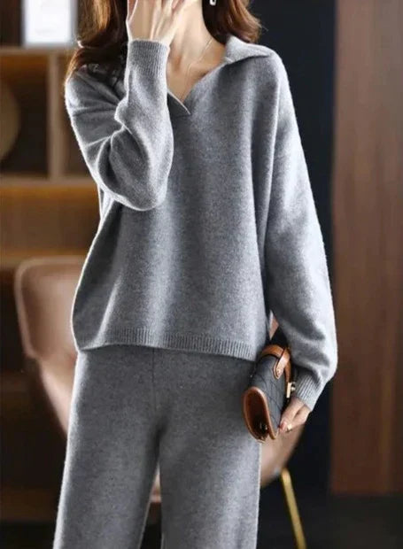Mirla | 2 stycken set damer oversized träningsdräkt polo krage tröja och byxor-Eva Jonsson