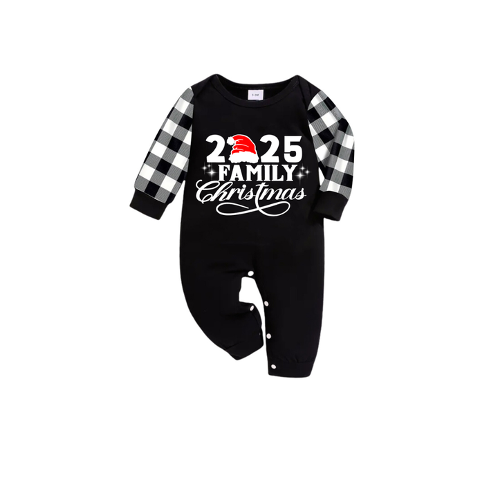 Mirla | 2025 Familj Jul Bokstävertryck Svart Långärmad T-Shirt med Svart-Vit Rutiga Byxor Familj Matchande Pyjamasar-Eva Jonsson