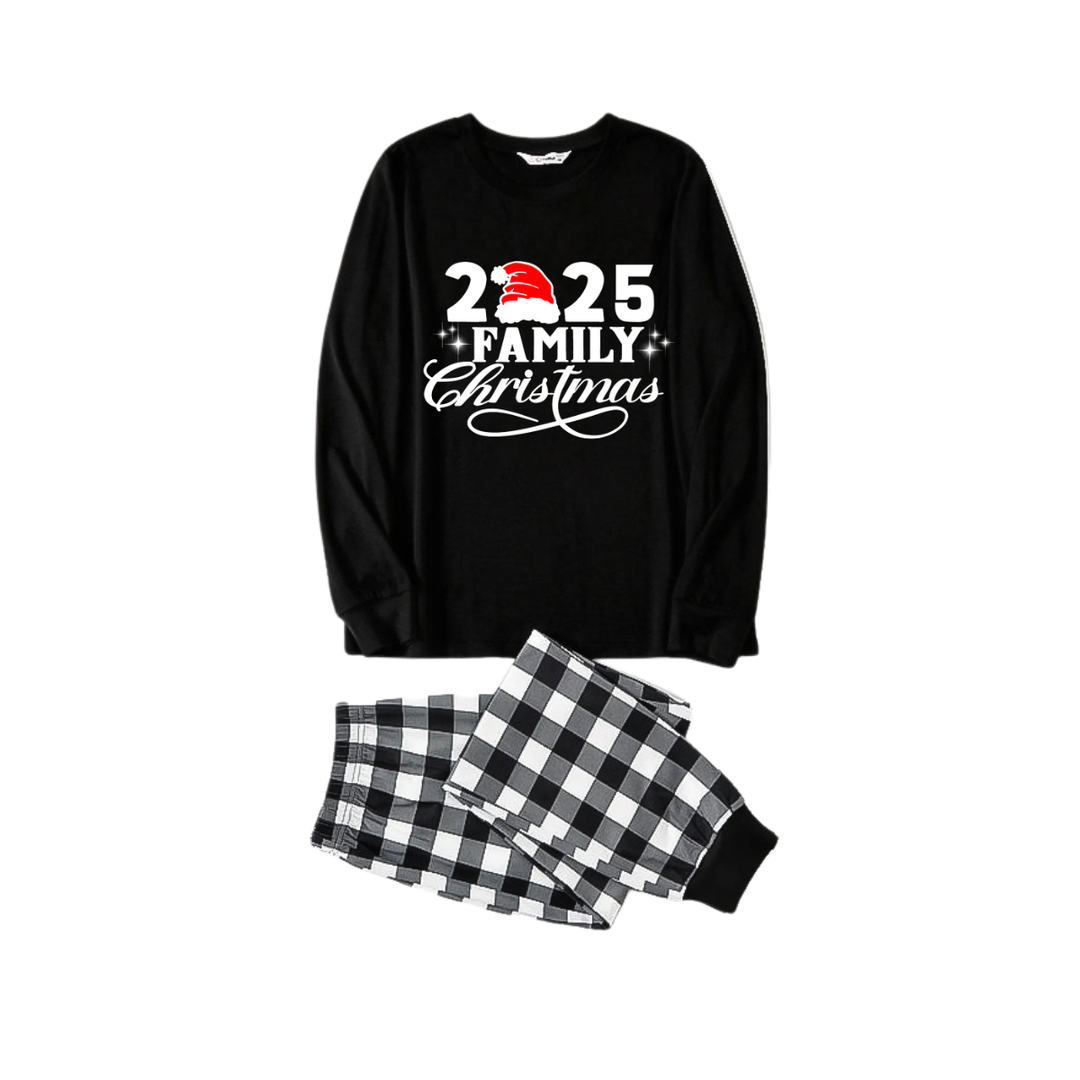 Mirla | 2025 Familj Jul Bokstävertryck Svart Långärmad T-Shirt med Svart-Vit Rutiga Byxor Familj Matchande Pyjamasar-Eva Jonsson