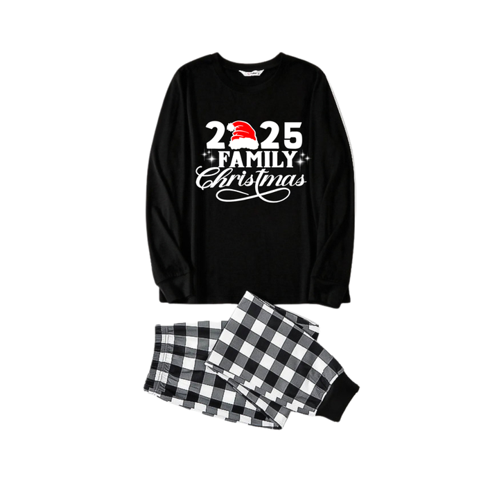 Mirla | 2025 Familj Jul Bokstävertryck Svart Långärmad T-Shirt med Svart-Vit Rutiga Byxor Familj Matchande Pyjamasar-Eva Jonsson