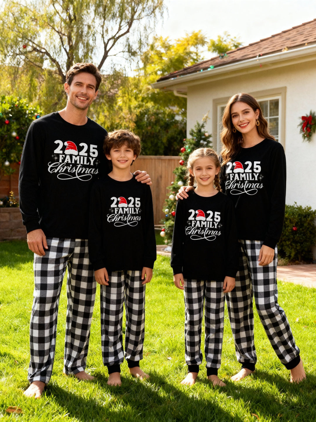 Mirla | 2025 Familj Jul Bokstävertryck Svart Långärmad T-Shirt med Svart-Vit Rutiga Byxor Familj Matchande Pyjamasar-Eva Jonsson