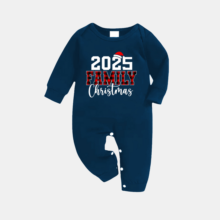 Mirla | 2025 Familj Jul Texttryck Blå Långärmad T-Shirt med Blå Rutig Familj Matchande Pyjamas-Eva Jonsson