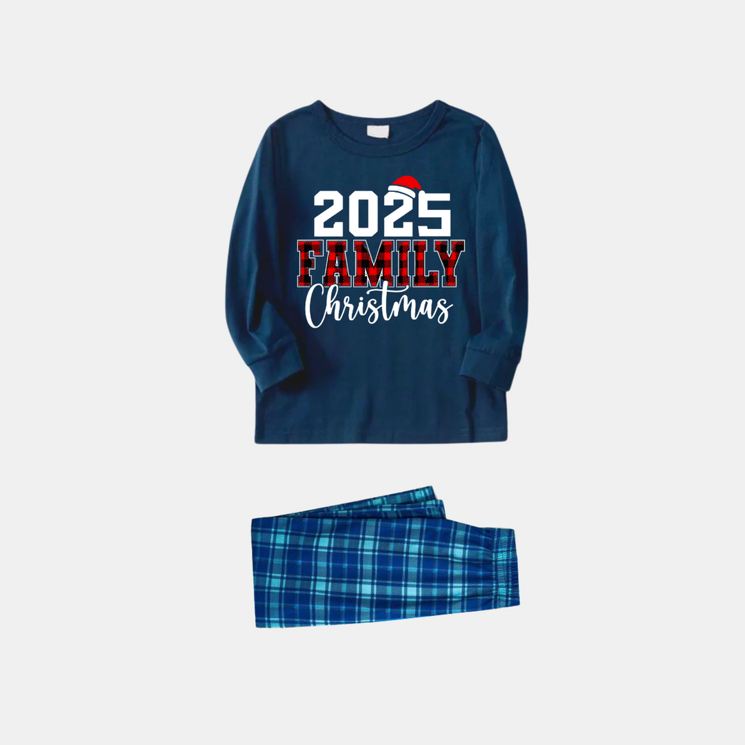 Mirla | 2025 Familj Jul Texttryck Blå Långärmad T-Shirt med Blå Rutig Familj Matchande Pyjamas-Eva Jonsson