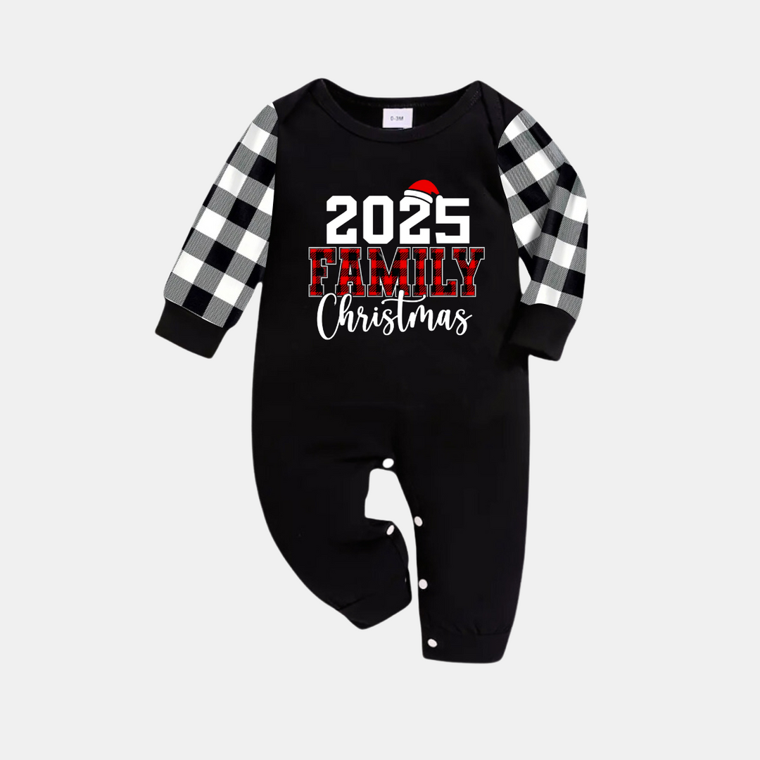 Mirla | 2025 Familj Jul Tryck Svart Långärmad T-Shirt med Svart-Vita Rutmönstrade Byxor Familjematchande Pyjamas-Eva Jonsson
