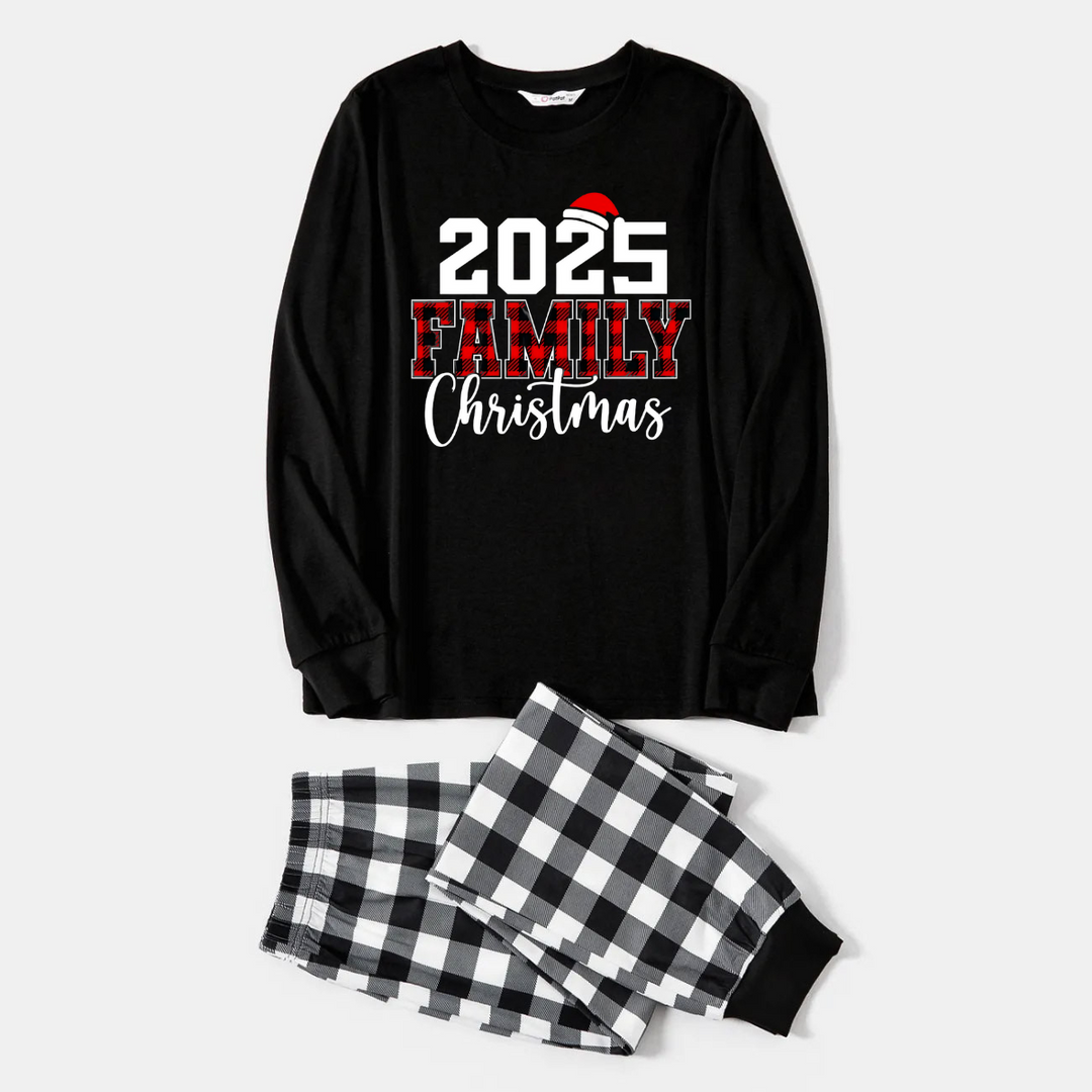 Mirla | 2025 Familj Jul Tryck Svart Långärmad T-Shirt med Svart-Vita Rutmönstrade Byxor Familjematchande Pyjamas-Eva Jonsson