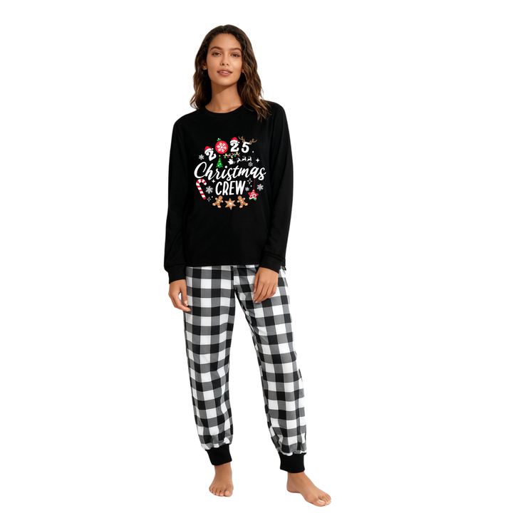 Mirla | 2025 Jul Crew Tillsammans Skapa Minnen Texttryck Svart Långärmad T-Shirt med Svart-Vit Rutiga Byxor Familjeanpassade Pyjamas-Eva Jonsson