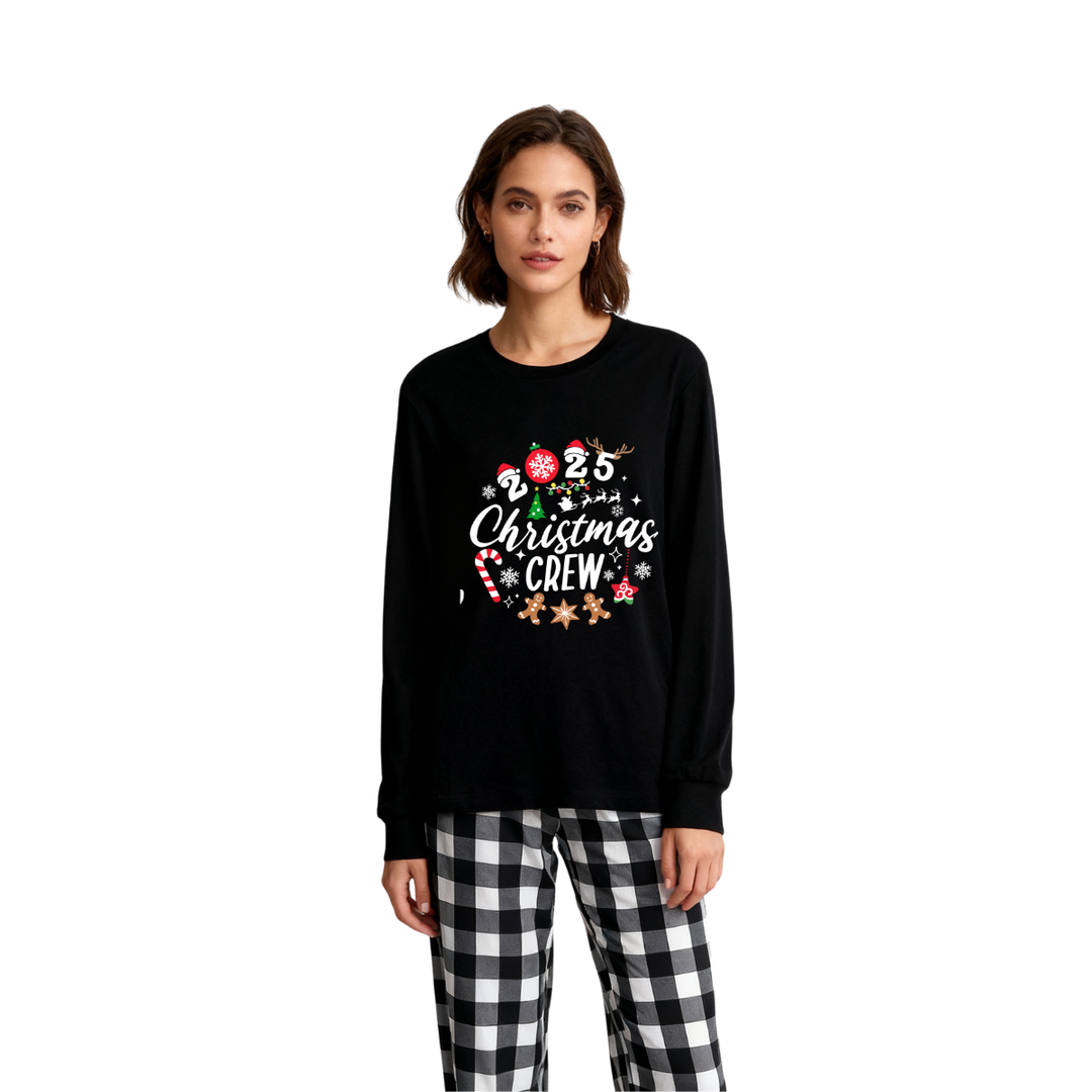 Mirla | 2025 Jul Crew Tillsammans Skapa Minnen Texttryck Svart Långärmad T-Shirt med Svart-Vit Rutiga Byxor Familjeanpassade Pyjamas-Eva Jonsson
