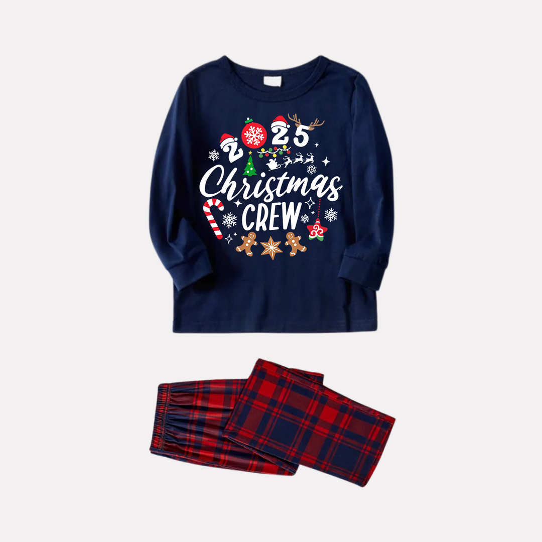Mirla | 2025 Julman Crew Text och Santa Hat Tryck Blå Långärmad Topp med Röd- och Blårutiga Byxor Jul Matching Pyjamas-Eva Jonsson