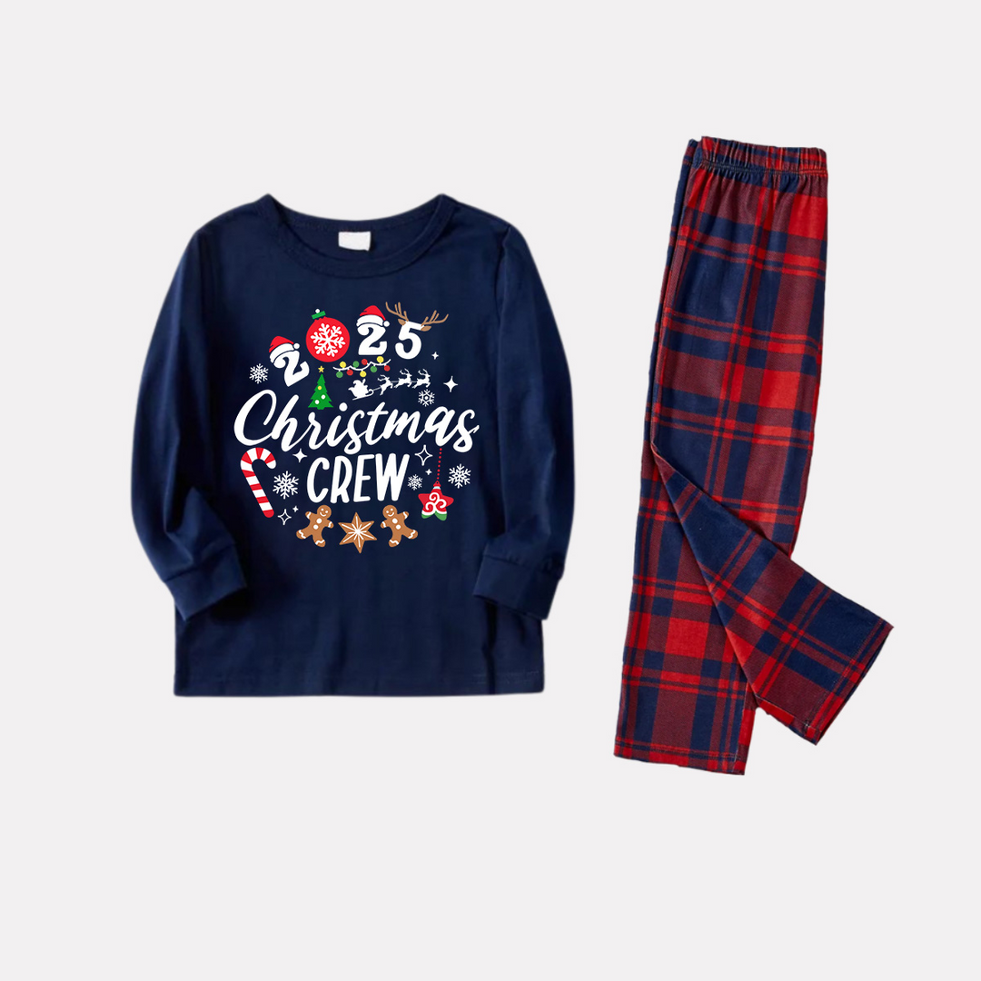 Mirla | 2025 Julman Crew Text och Santa Hat Tryck Blå Långärmad Topp med Röd- och Blårutiga Byxor Jul Matching Pyjamas-Eva Jonsson