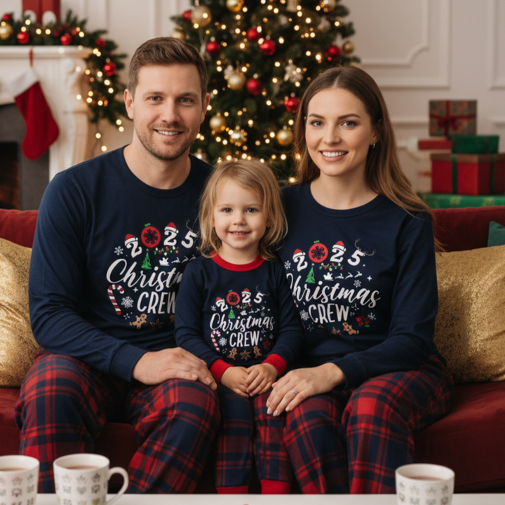 Mirla | 2025 Julman Crew Text och Santa Hat Tryck Blå Långärmad Topp med Röd- och Blårutiga Byxor Jul Matching Pyjamas-Eva Jonsson