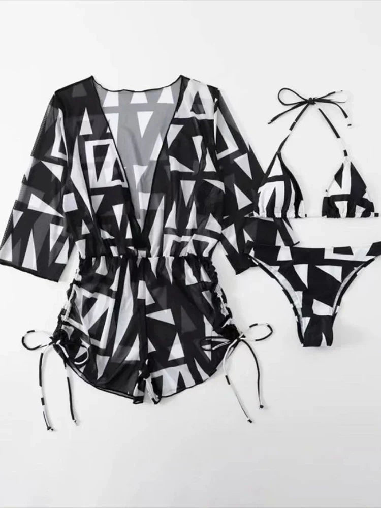 Mirla | 3 stycken bikini tropisk tryck badkläder halter snörsida badkläder kvinnor baddräkt kvinnlig simma sommar strandkläder-Eva Jonsson
