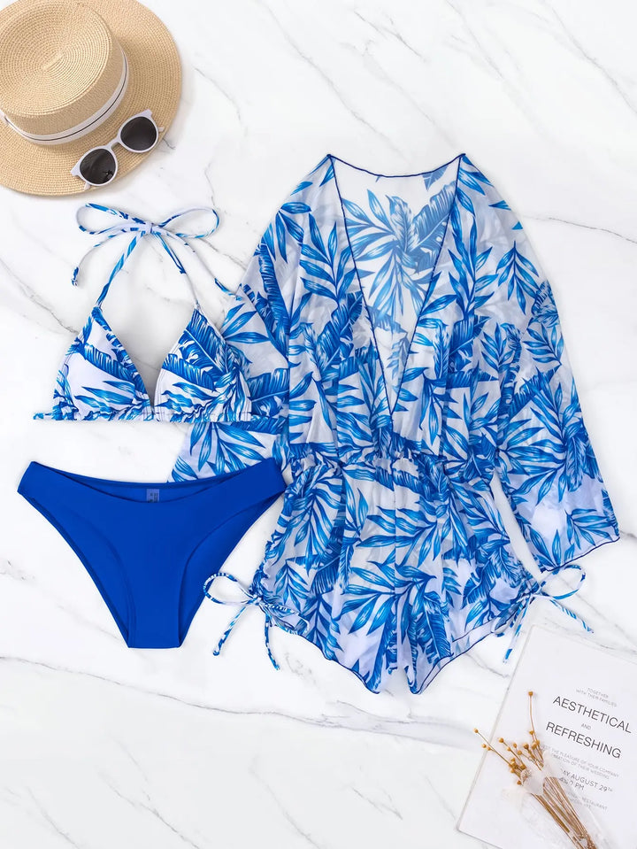 Mirla | 3 stycken bikini tropisk tryck badkläder halter snörsida badkläder kvinnor baddräkt kvinnlig simma sommar strandkläder-Eva Jonsson