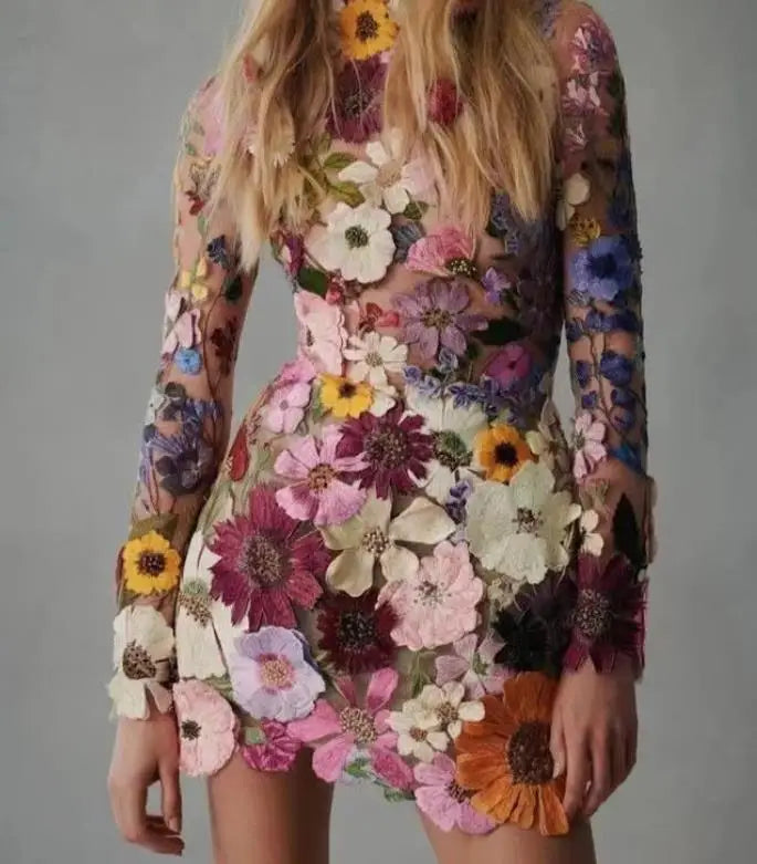 Mirla | 3D Broderat Mesh-klänning med blommor för damer-Eva Jonsson