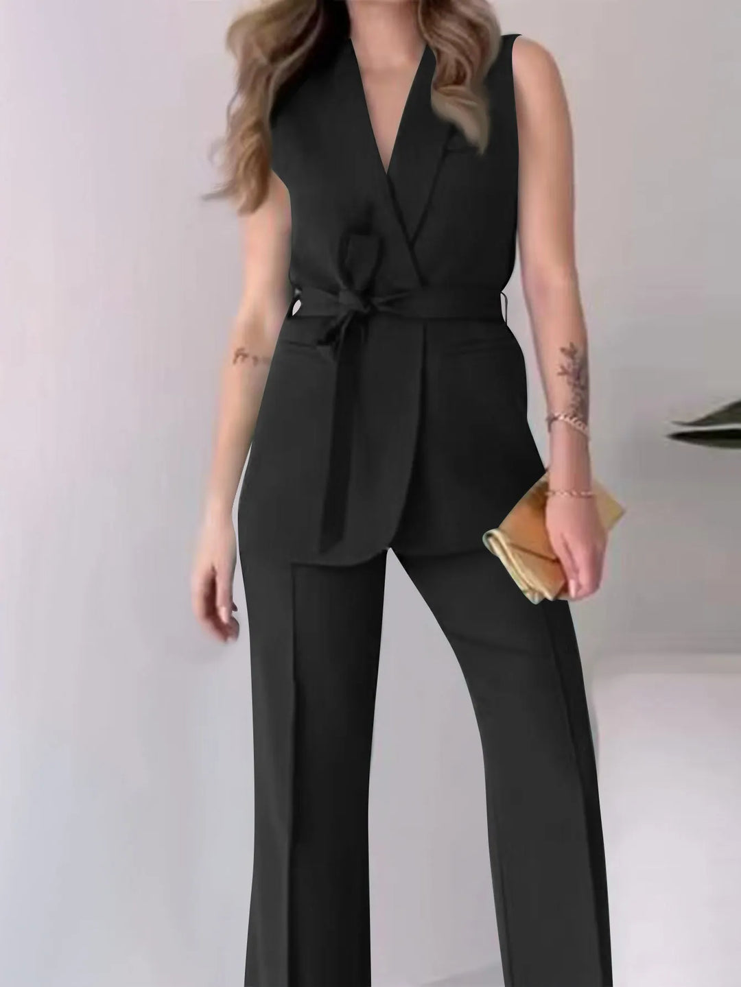 Mirla | Ärmlös Blazer-kostym Figursydd Passform Födral-V-ringning Vida Byxor-Eva Jonsson