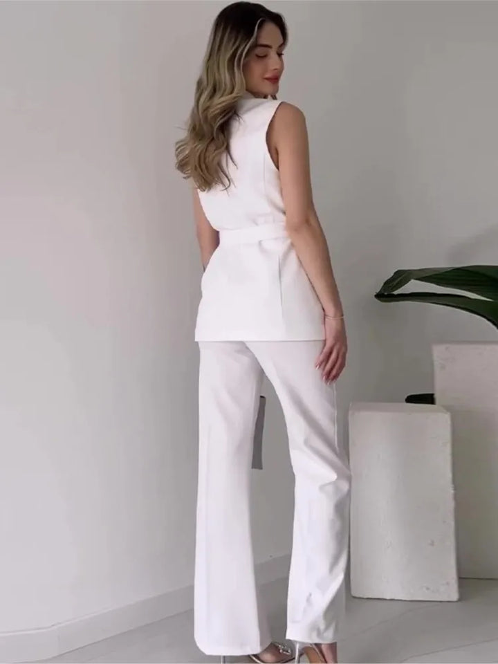 Mirla | Ärmlös Blazer-kostym Figursydd Passform Födral-V-ringning Vida Byxor-Eva Jonsson
