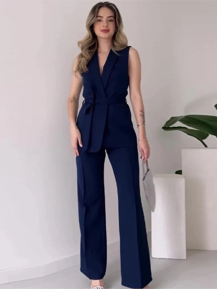 Mirla | Ärmlös Blazer-kostym Figursydd Passform Födral-V-ringning Vida Byxor-Eva Jonsson