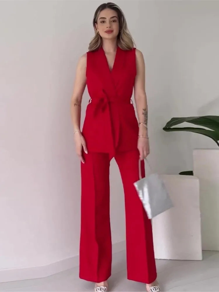 Mirla | Ärmlös Blazer-kostym Figursydd Passform Födral-V-ringning Vida Byxor-Eva Jonsson