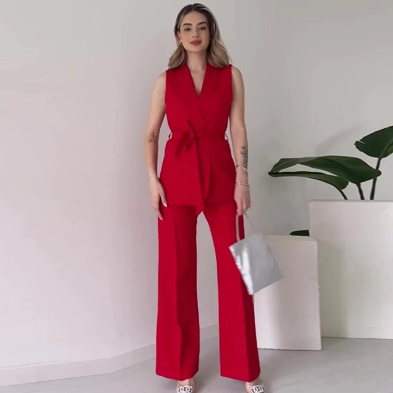 Mirla | Ärmlös Blazer-kostym Figursydd Passform Födral-V-ringning Vida Byxor-Eva Jonsson