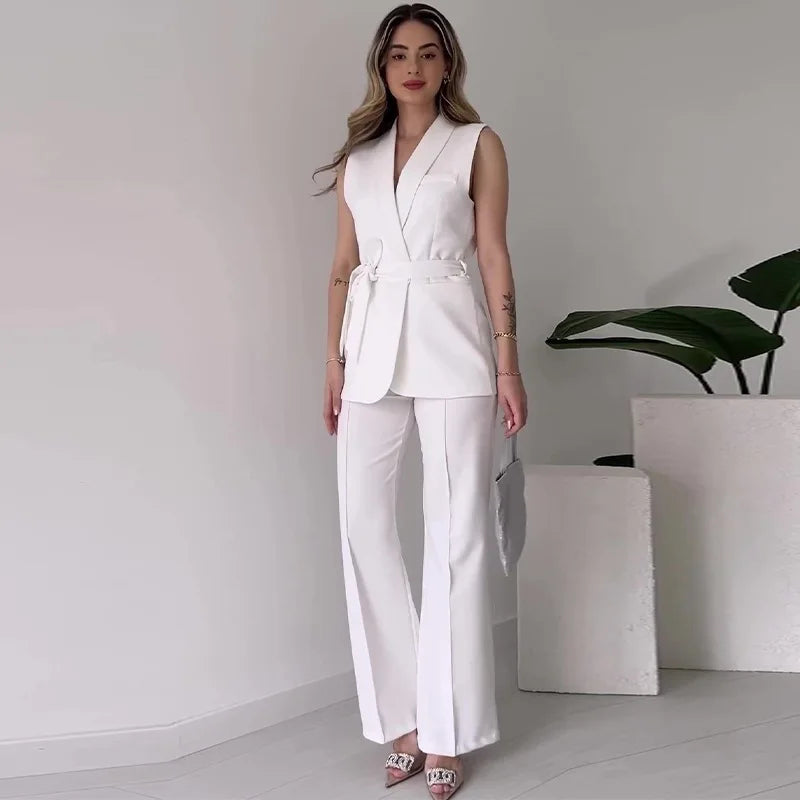 Mirla | Ärmlös Blazer-kostym Figursydd Passform Födral-V-ringning Vida Byxor-Eva Jonsson