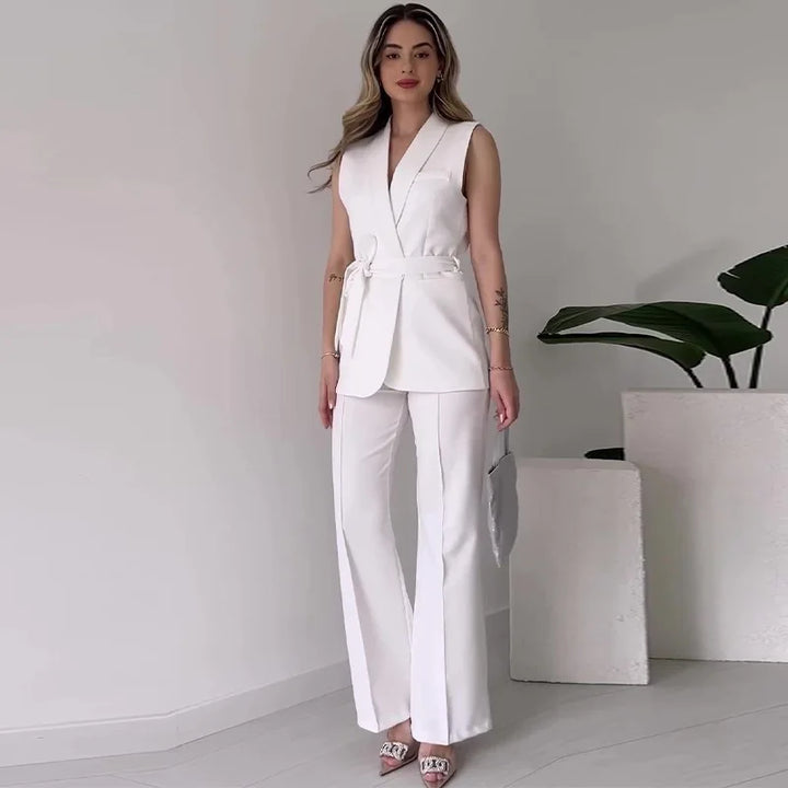 Mirla | Ärmlös Blazer-kostym Figursydd Passform Födral-V-ringning Vida Byxor-Eva Jonsson