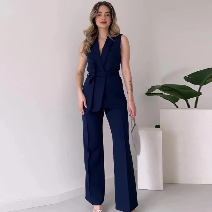 Mirla | Ärmlös Blazer-kostym Figursydd Passform Födral-V-ringning Vida Byxor-Eva Jonsson