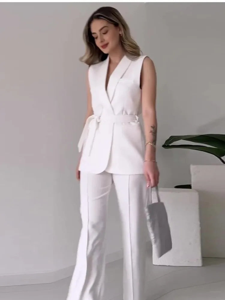 Mirla | Ärmlös Blazer-kostym Figursydd Passform Födral-V-ringning Vida Byxor-Eva Jonsson