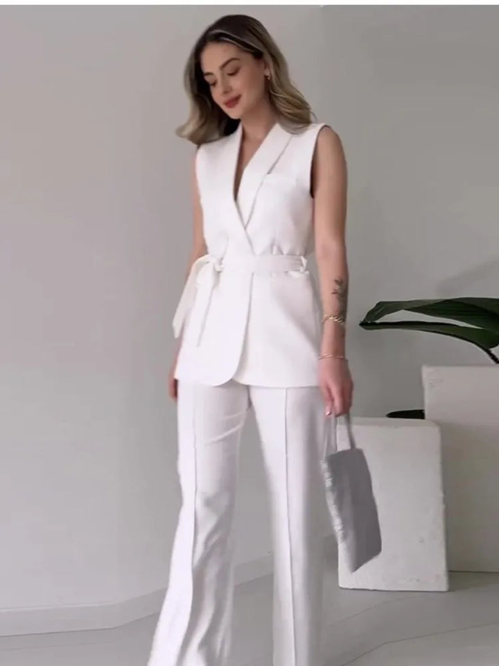 Mirla | Ärmlös Blazer-kostym Figursydd Passform Födral-V-ringning Vida Byxor-Eva Jonsson
