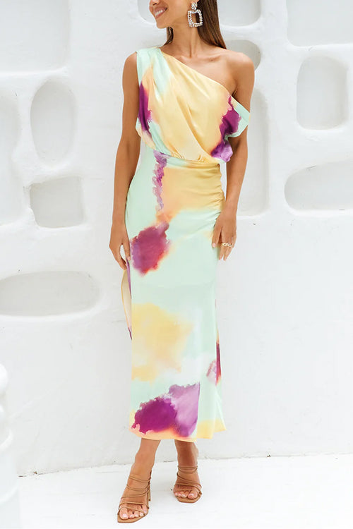 Mirla | Asymmetrisk Axel Figursydd Batik Slits Maxi Klänning-Eva Jonsson