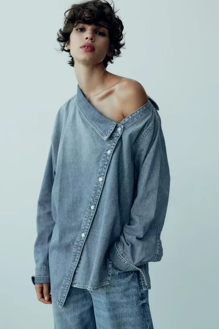 Mirla | Avslappnad, Asymmetrisk Jeansskjorta-Eva Jonsson