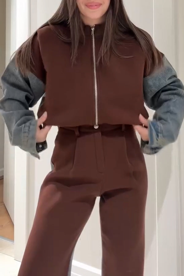 Mirla | Avslappnad Denim Patchwork Sweatshirtjacka med Dragkedja-Eva Jonsson