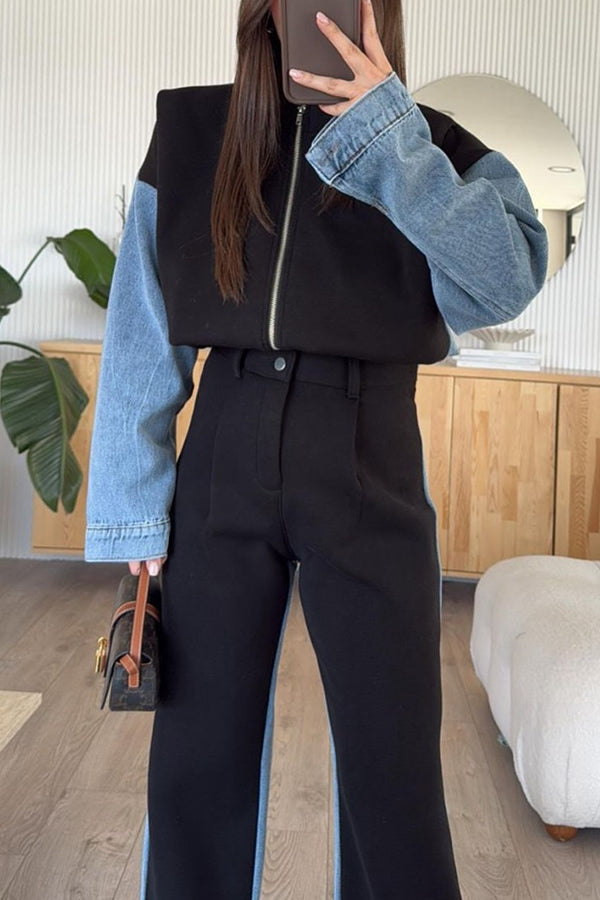 Mirla | Avslappnad Denim Patchwork Sweatshirtjacka med Dragkedja-Eva Jonsson
