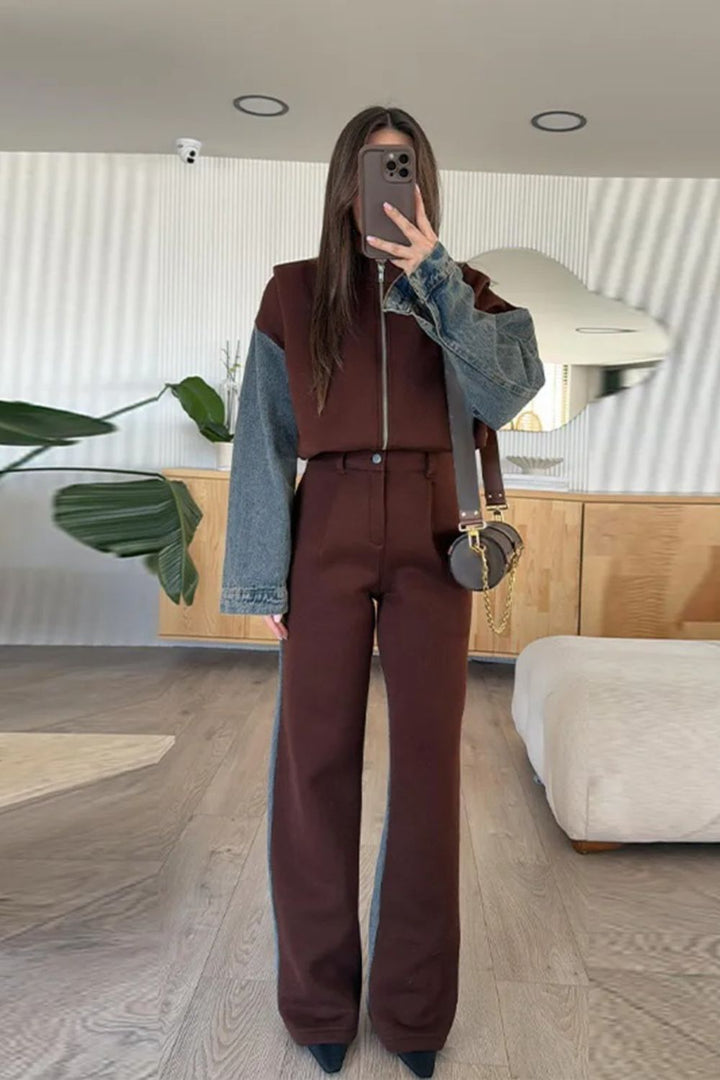 Mirla | Avslappnad Denim Patchwork Sweatshirtjacka med Dragkedja-Eva Jonsson