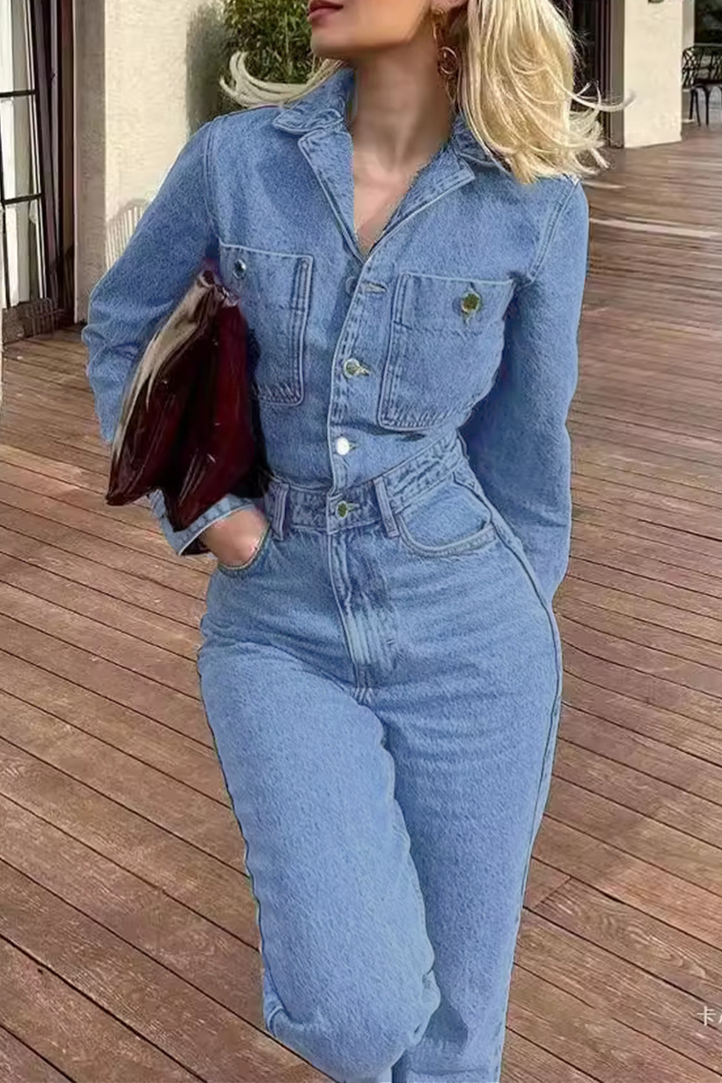 Mirla | Avslappnad Street Enfärgad Fickknapp Krage Långa Ärmar Lösa Denim Overall-Eva Jonsson