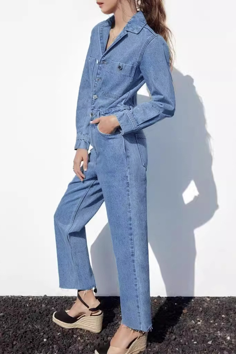 Mirla | Avslappnad Street Enfärgad Fickknapp Krage Långa Ärmar Lösa Denim Overall-Eva Jonsson