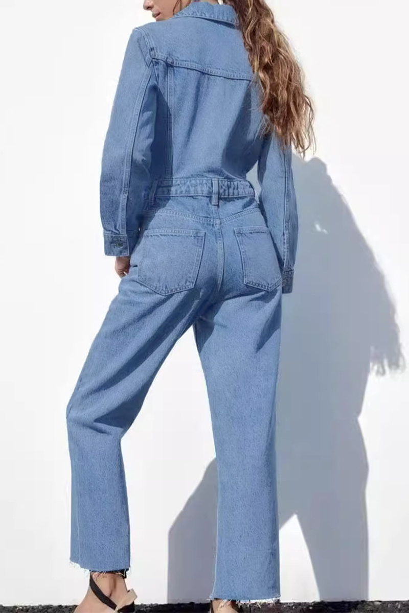 Mirla | Avslappnad Street Enfärgad Fickknapp Krage Långa Ärmar Lösa Denim Overall-Eva Jonsson