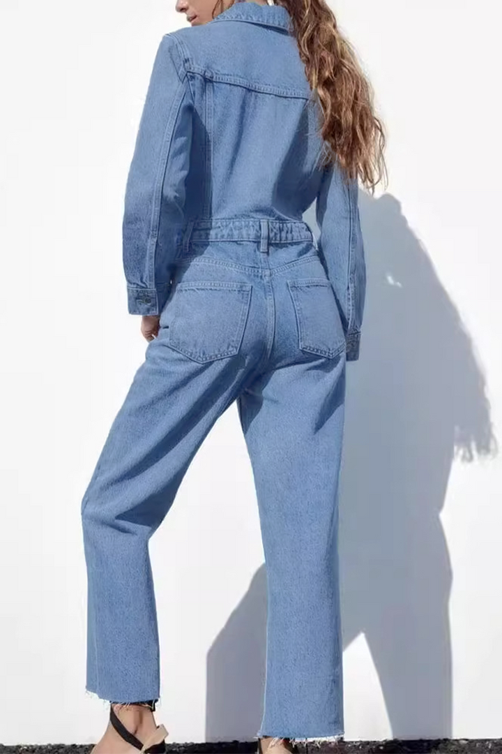 Mirla | Avslappnad Street Enfärgad Fickknapp Krage Långa Ärmar Lösa Denim Overall-Eva Jonsson