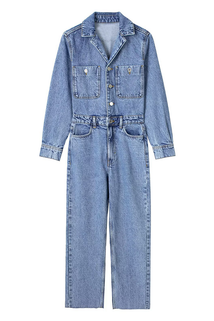 Mirla | Avslappnad Street Enfärgad Fickknapp Krage Långa Ärmar Lösa Denim Overall-Eva Jonsson