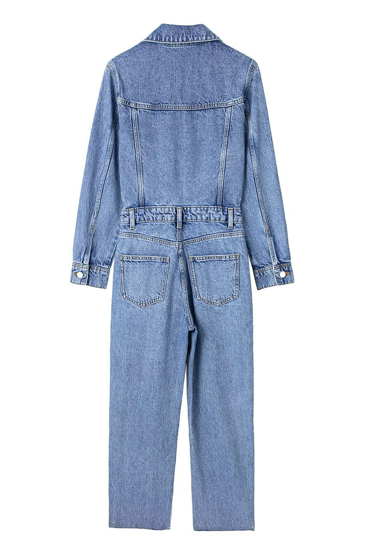 Mirla | Avslappnad Street Enfärgad Fickknapp Krage Långa Ärmar Lösa Denim Overall-Eva Jonsson