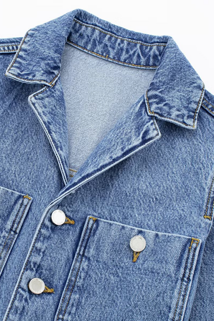 Mirla | Avslappnad Street Enfärgad Fickknapp Krage Långa Ärmar Lösa Denim Overall-Eva Jonsson