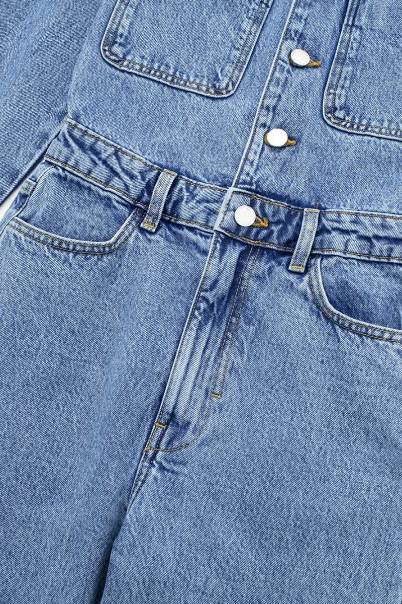 Mirla | Avslappnad Street Enfärgad Fickknapp Krage Långa Ärmar Lösa Denim Overall-Eva Jonsson
