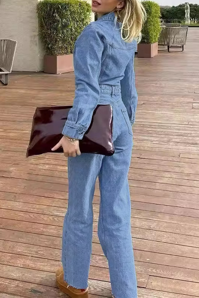 Mirla | Avslappnad Street Enfärgad Fickknapp Krage Långa Ärmar Lösa Denim Overall-Eva Jonsson