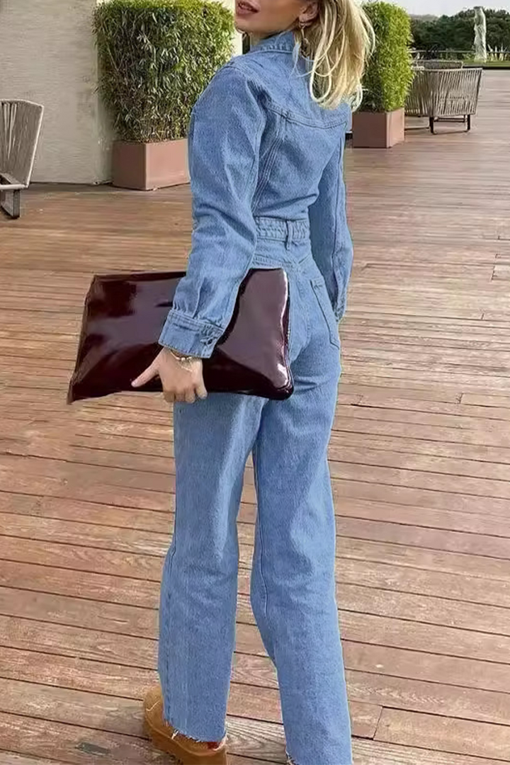 Mirla | Avslappnad Street Enfärgad Fickknapp Krage Långa Ärmar Lösa Denim Overall-Eva Jonsson