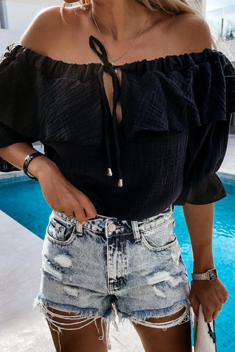 Mirla | Avslappnad Street Solid Frenulum Flounce Off The Shoulder Blusar-Eva Jonsson