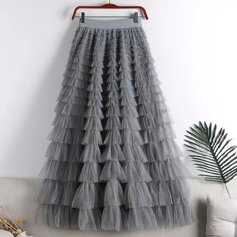 Mirla | Avslappnad dam solid ballklänning lång kjol tulle hög midja plisserad tutu kjol elegant dam vild nät dejting maxi kjolar drop-Eva Jonsson