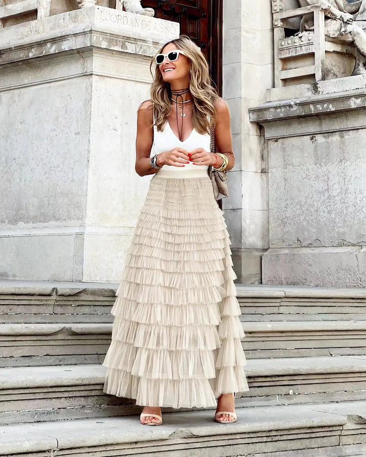 Mirla | Avslappnad dam solid ballklänning lång kjol tulle hög midja plisserad tutu kjol elegant dam vild nät dejting maxi kjolar drop-Eva Jonsson