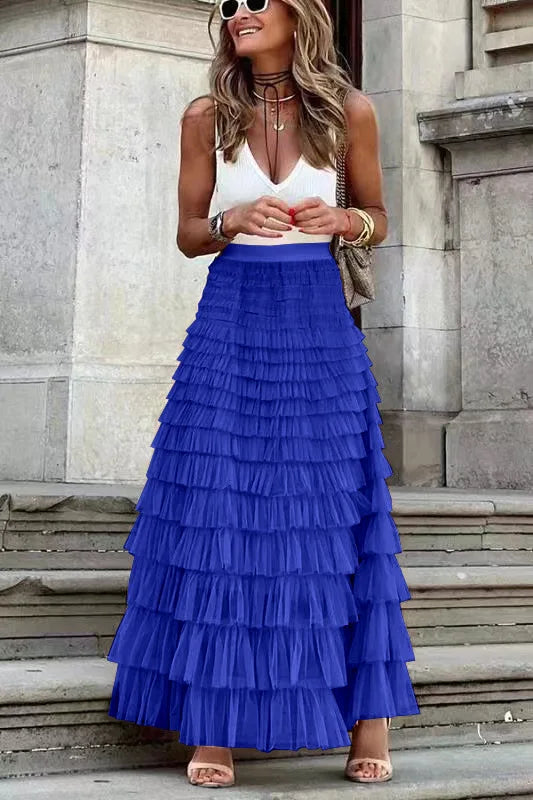 Mirla | Avslappnad dam solid ballklänning lång kjol tulle hög midja plisserad tutu kjol elegant dam vild nät dejting maxi kjolar drop-Eva Jonsson