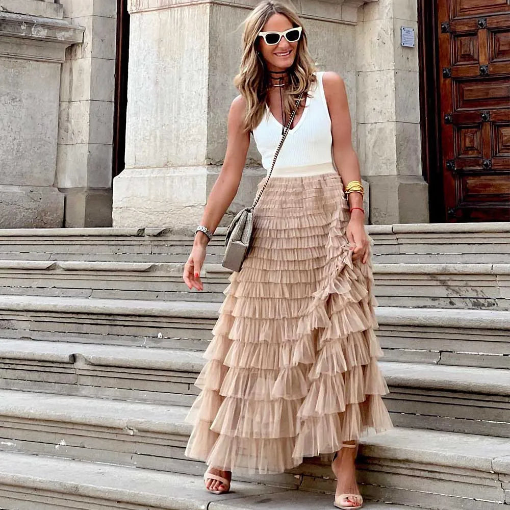 Mirla | Avslappnad dam solid ballklänning lång kjol tulle hög midja plisserad tutu kjol elegant dam vild nät dejting maxi kjolar drop-Eva Jonsson