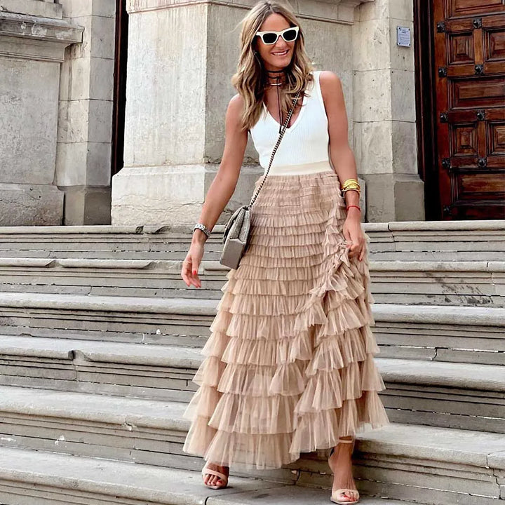 Mirla | Avslappnad dam solid ballklänning lång kjol tulle hög midja plisserad tutu kjol elegant dam vild nät dejting maxi kjolar drop-Eva Jonsson
